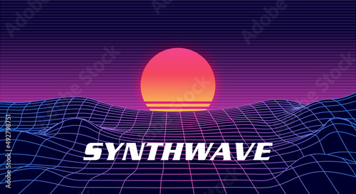 Obraz na płótnie Landscape skyline with neon light grid, sun and mountains. Sci-fi, futuristic illustration. Retrowave, synthwave or vaporwave 80's w salonie