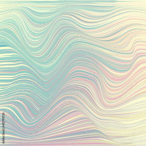 Vector warped lines colorful background. Modern abstract creative backdrop with multicolor variable width stripes. Twisted stripes optical illusion. Moire waves.
