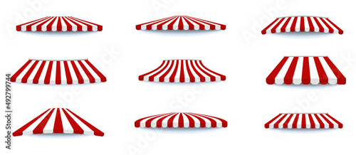 Outdoor canopies red and white umbrella, for cafes and shop windows isolated vector set. Tent umbrella for the market, in 3d style on a white background. summer canopy. 3d vector illustration. 