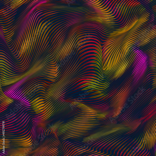 Vector warped lines colorful background. Modern abstract creative backdrop with multicolor variable width stripes. Twisted stripes optical illusion. Moire waves.