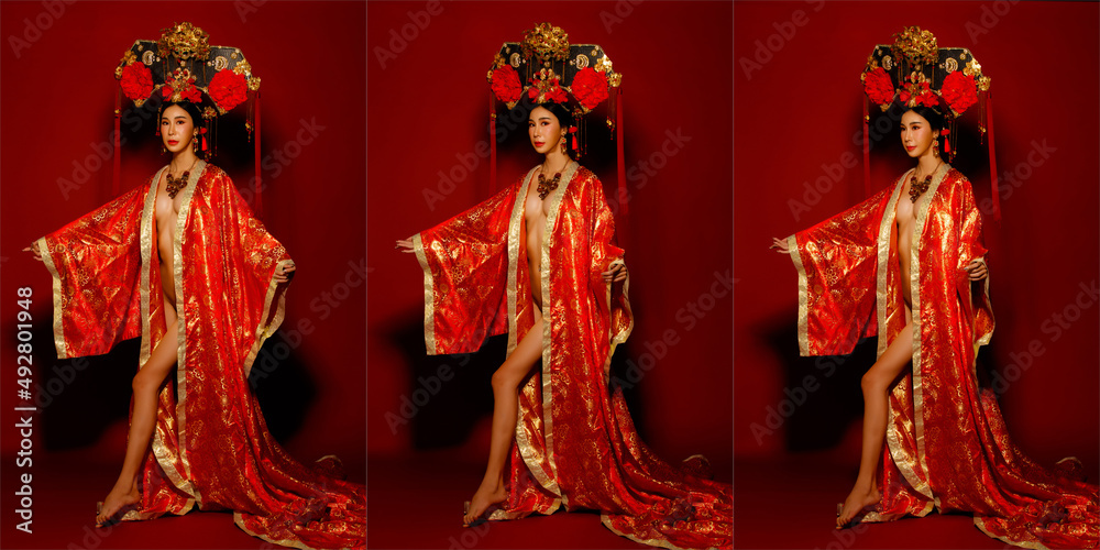Asian Woman wear China Royal empress traditional costume with golden line design dress and headwear