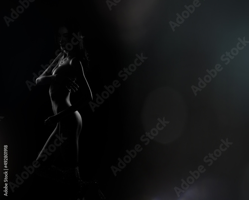 Silhouette naked nudity body of Very Slim Woman poses erotic shadow and emotional to show curve