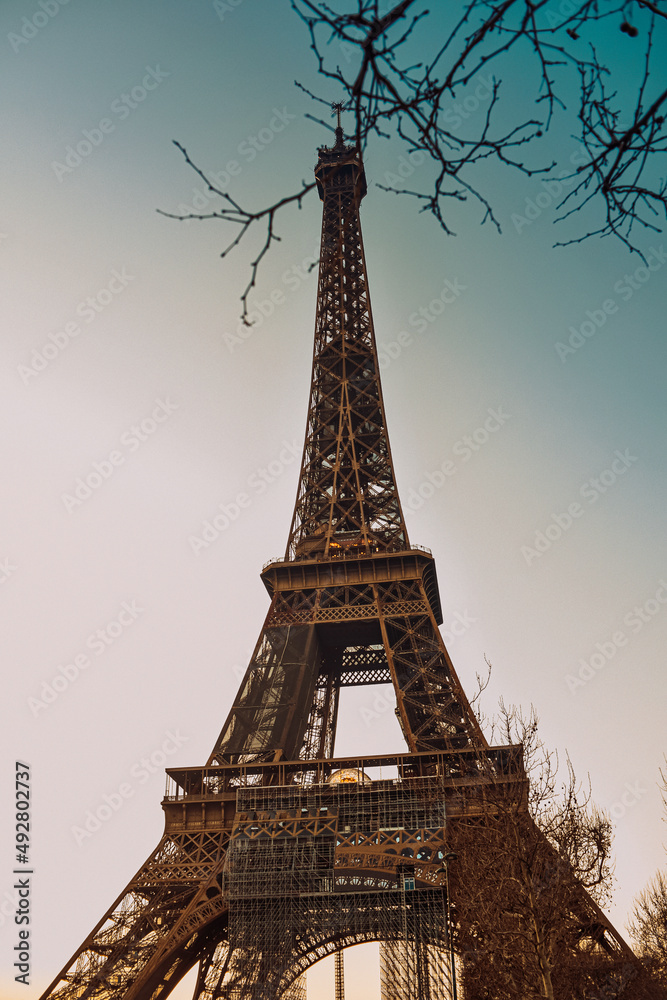  The Eiffel Tower against a perfectly blue sky. Beauty travel in Paris, touristic place.