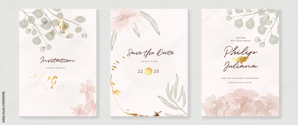 Floral and botanical line art invitation card template. Set of hand drawn wedding ceremony with flower, blooms, branch. Blue blossom watercolor design suitable for flyer, greeting, banner, cover. Floral and botanical line art invitation card template. Set of hand drawn wedding ceremony with flower, blooms, branch. Blue blossom watercolor design suitable for flyer, greeting, banner, cover.