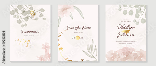 Floral and botanical line art invitation card template. Set of hand drawn wedding ceremony with flower, blooms, branch. Blue blossom watercolor design suitable for flyer, greeting, banner, cover.