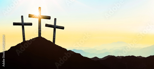 Fotografia Easter background banner panorama religious greeting card Crucifixion and Resurrection