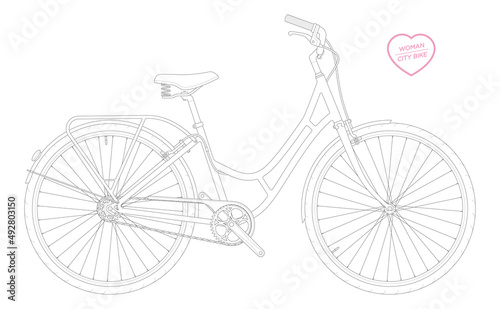 Vector black line woman city bicycle. Fixed gear. Single Speed. Isolated on white background.