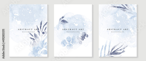 Floral and botanical line art invitation card template. Set of hand drawn wedding ceremony with flower, blooms, branch. Blue blossom watercolor design suitable for flyer, greeting, banner, cover.