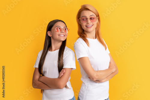 happy family portrait of young woman mother and kid in glasses, best friend