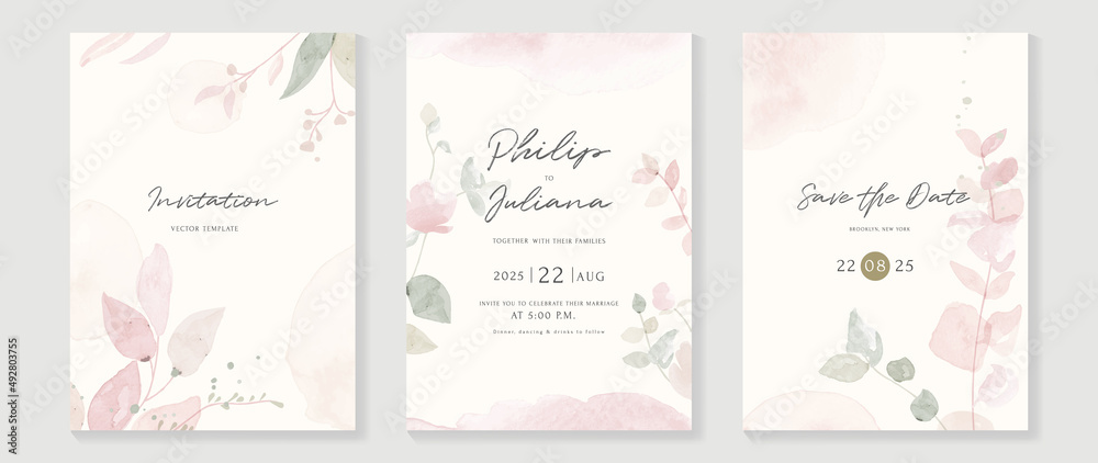 Floral and botanical line art invitation card template. Set of hand drawn wedding ceremony with flower, blooms, branch. Blue blossom watercolor design suitable for flyer, greeting, banner, cover.