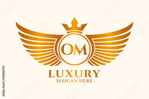 Luxury royal wing Letter OM crest Gold color Logo vector, Victory logo, crest logo, wing logo, vector logo template.