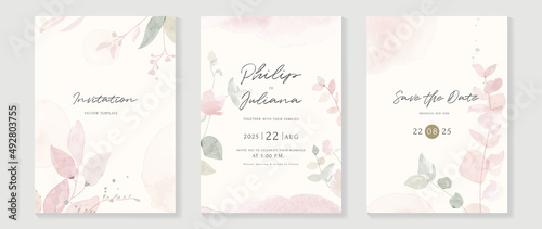 Floral and botanical line art invitation card template. Set of hand drawn wedding ceremony with flower  blooms  branch. Blue blossom watercolor design suitable for flyer  greeting  banner  cover.