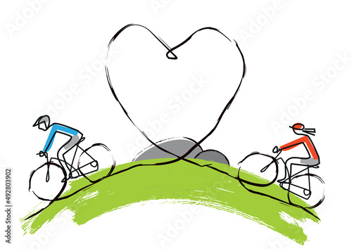 Cyclists in love, mountain bike, line art stylized cartoon. 
Colorful Illustration of couple of cyclists on a hill with heart. Wedding invitation, template. Isolated on white background. 