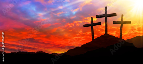 Fotografiet Easter background banner panorama religious greeting card Crucifixion and Resurrection