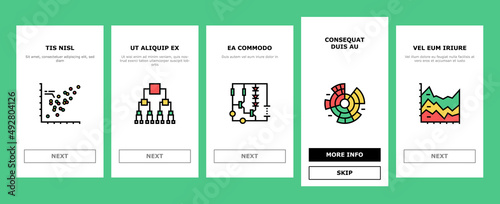 Graph For Analyzing And Research Onboarding Mobile App Page Screen Vector. Hierarchy And Binary Decision Diagram, Bar Graph, Radar And Stacked Area Chart Line. Pareto Venn Infographic Illustrations