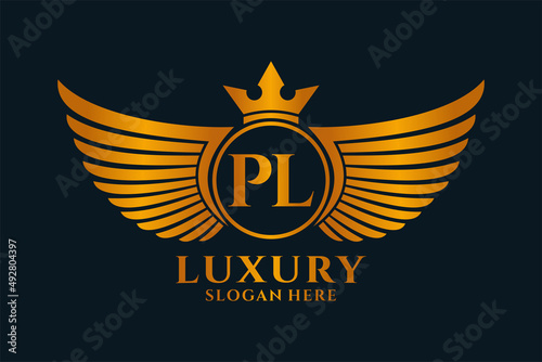 Luxury royal wing Letter PL crest Gold color Logo vector, Victory logo, crest logo, wing logo, vector logo template.