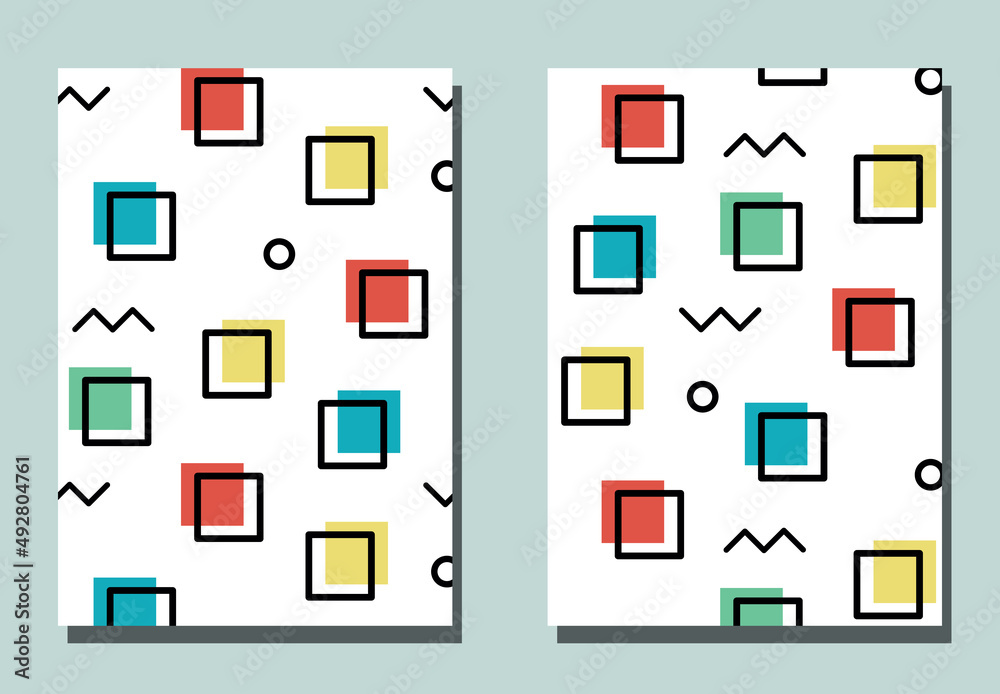 Memphis style. Trendy cover with graphic elements - abstract shapes - lines. Two vector flyers. Geometric wallpaper for business brochure, cover design. Memphis style. Trendy cover with graphic elements - abstract shapes - lines. Two vector flyers. Geometric wallpaper for business brochure, cover design.