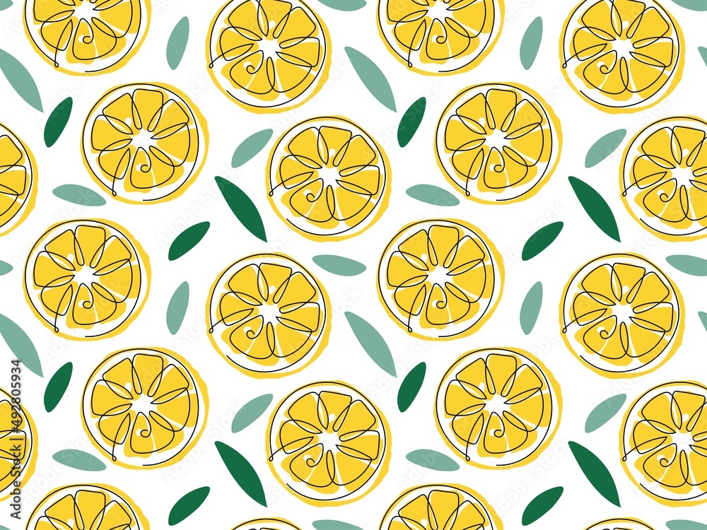 Lemon fruit seamless pattern on white background. Exotic tropical. Summer Flat vector illustration for wallpaper, textile, wrapping paper. Lemon Slice, citrus slices, fruits repeat background