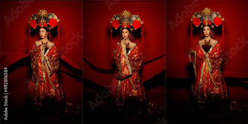 Foto Asian Woman wear China Royal empress traditional costume with golden line design