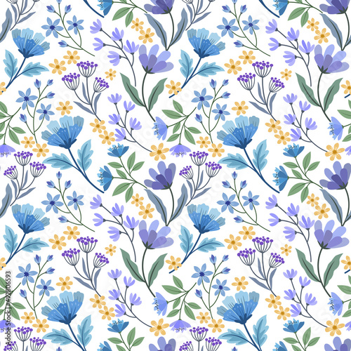 Cute blue purple and yellow flowers seamless pattern.