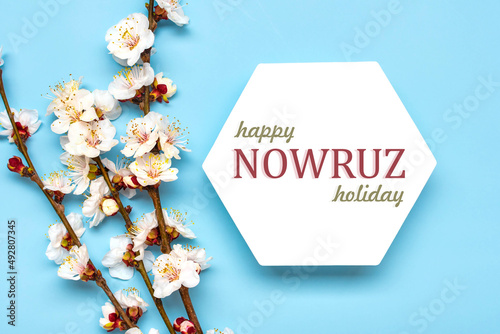 prigs of the apricot tree with flowers and Text Happy Nowruz Holiday Concept of spring came Top view Flat lay Hello march, april, may, persian new year	 photo