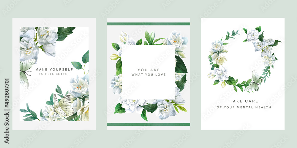 Set of three premade cards with white flowers