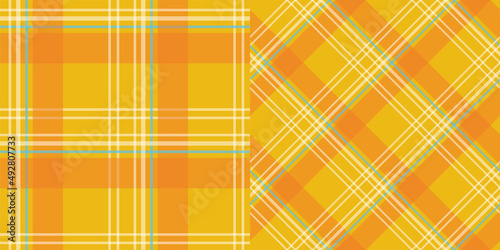 Orange and blue tartan plaid collection. Scottish pattern fabric swatch close-up. 