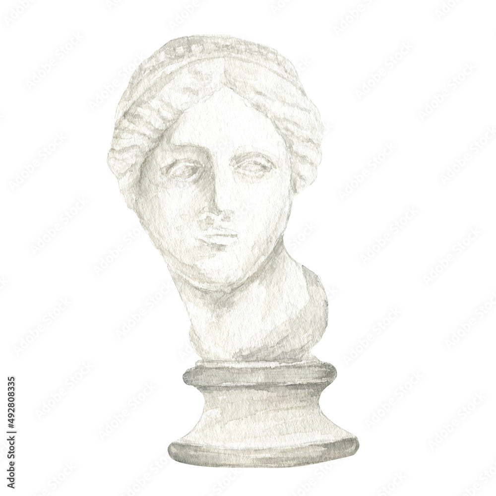 Ancient greek sculpture Venus goddess head, Watercolor Antique Greece mythology statues bust hand drawn illustration, Venus de Milo face sculpture