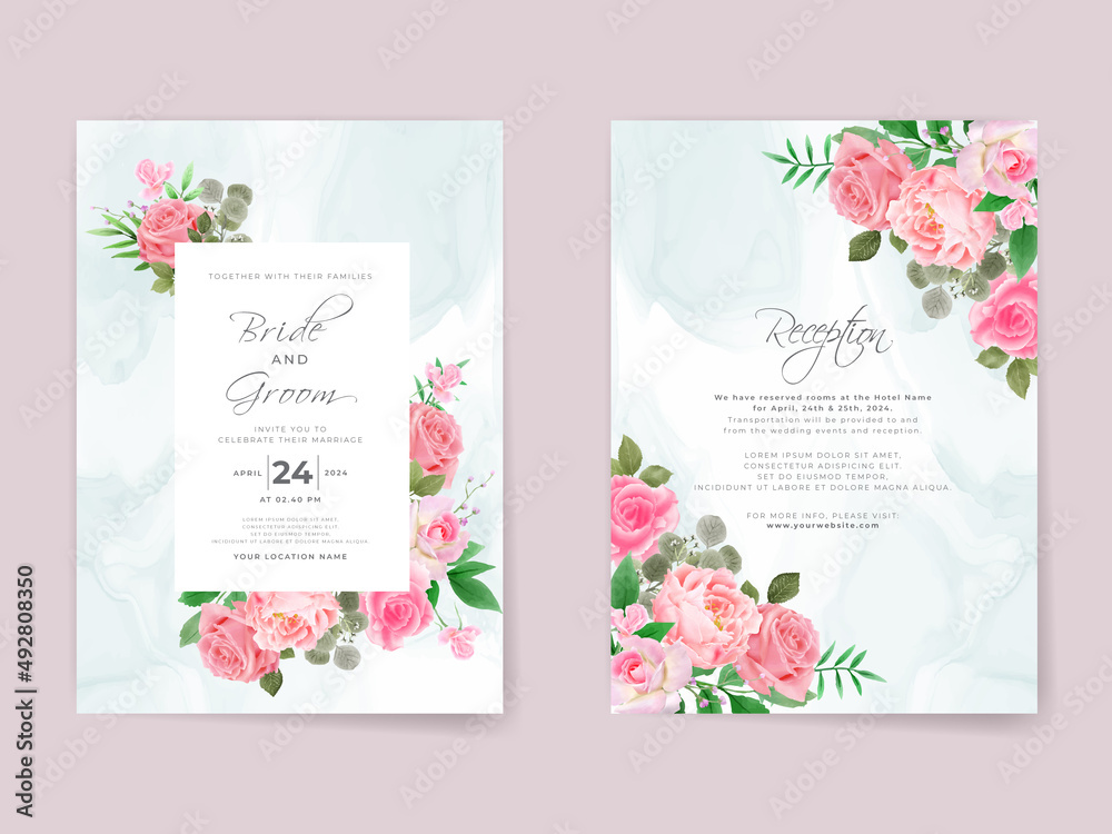 Wedding invitation cards set pink roses