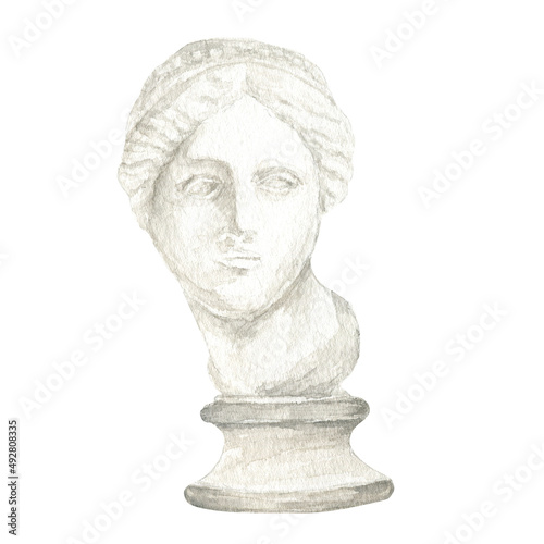 Ancient greek sculpture Venus goddess head, Watercolor Antique Greece mythology statues bust hand drawn illustration, Venus de Milo face sculpture