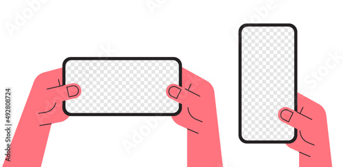 Hand holding smartphone vertical and horizontal devices flat vector illustration.
