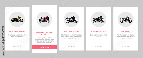 Motorcycle Bike Transport Types Onboarding Mobile App Page Screen Vector. Dirtbike And Cruiser, Dual Sport Enduros Chopper, Sportbike And Electric Motorcycle . Rider Jacket And Helmet Illustrations