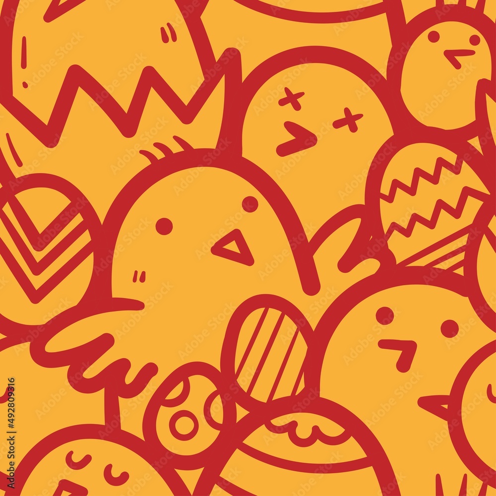 Easter seamless pattern with cute cartoon chicks on orange background. Painted eggs print. Holiday doodle wallpaper.