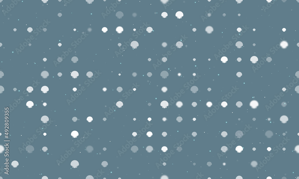 Seamless background pattern of evenly spaced white sea shell symbols of different sizes and opacity. Vector illustration on blue gray background with stars Seamless background pattern of evenly spaced white sea shell symbols of different sizes and opacity. Vector illustration on blue gray background with stars