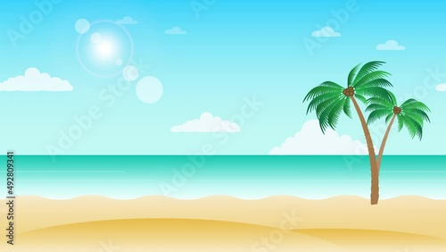 Beautiful beach landscape animation with palm trees sea side view. Seamless loopable background.