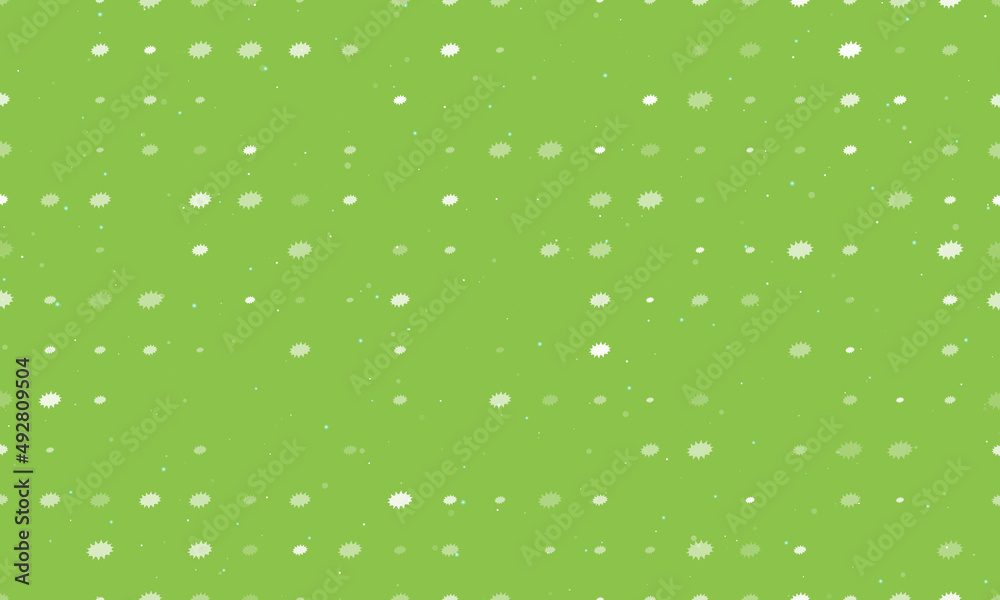 Seamless background pattern of evenly spaced white explosion symbols of different sizes and opacity. Vector illustration on light green background with stars Seamless background pattern of evenly spaced white explosion symbols of different sizes and opacity. Vector illustration on light green background with stars