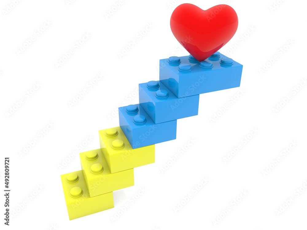 Toy bricks in the form of steps in the national colors of Ukraine with a red heart on top