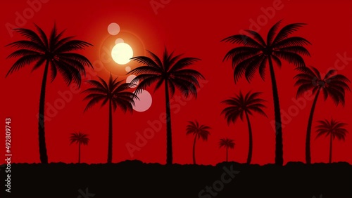 Beautiful sunset landscape animation with palm trees - moving along side view. Seamless loopable animation.