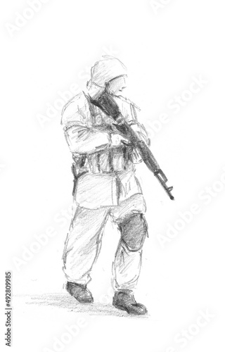 Pencil drawing ukrainian soldier in camuflage