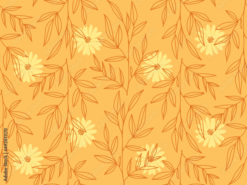 hand drawing seamless background with twigs and daisies. floral warm floral pattern for fabric, wallpaper and covers. vector pattern.  Hand drawn vector seamless pattern in trendy style.