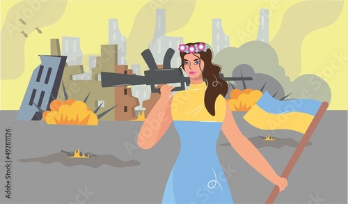 Ukrainian girl with a flag and a gun. Military fearless woman in a burning city during the bombing is ready for military action. Stop the war in Ukraine. Vector flat isolated closeup illustration