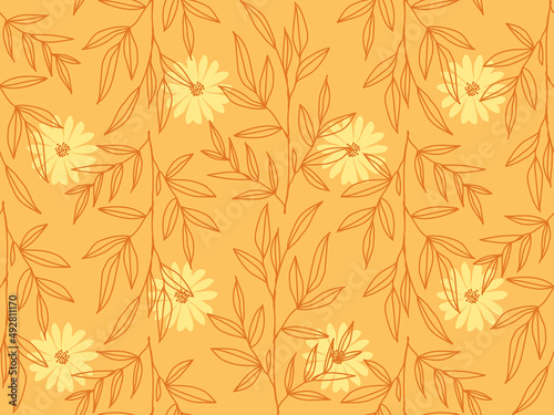 hand drawing seamless background with twigs and daisies. floral warm floral pattern for fabric, wallpaper and covers. vector pattern. Hand drawn vector seamless pattern in trendy style.