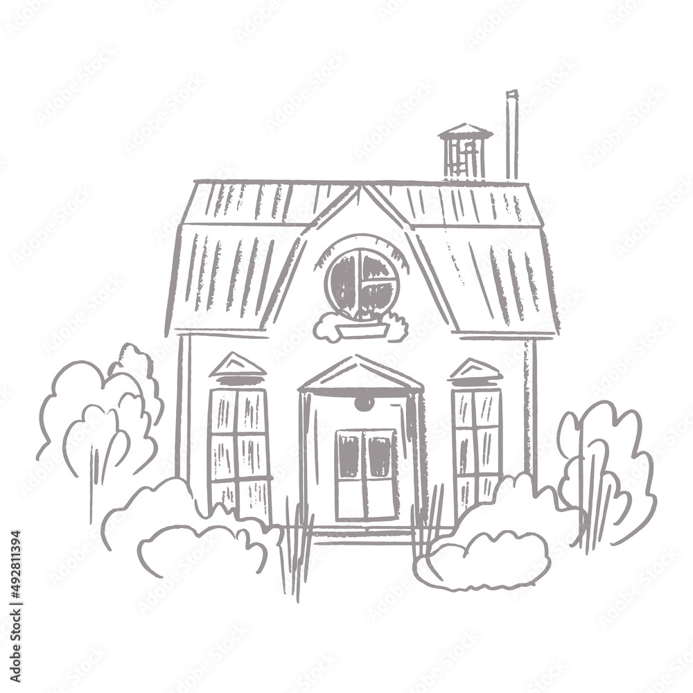Line drawing building, house. Vector sketch hand drawn illustration of country house.
