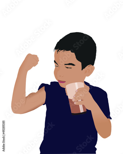 Young boy holding glass with chocolate milk and post bicep curl, healthy and strong concept illustration vector