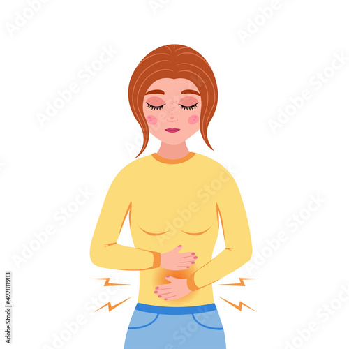 Woman feel pain in the stomach. Diarrhea or constipation. Abdomen disease, menstrual cramp, illness. Vector Illustration for printing, backgrounds, posters and stickers. Isolated on white background.