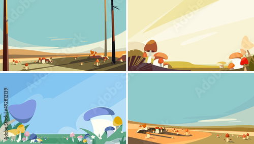 Set of mushroom meadows. Beautiful nature landscapes.