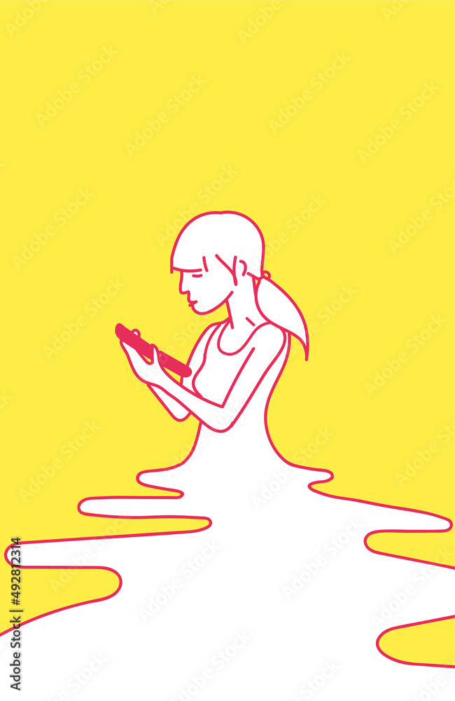 Modern line vector illustration of a young girl wasting time by using the smartphone for social networking Modern line vector illustration of a young girl wasting time by using the smartphone for social networking