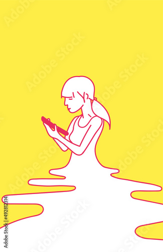 Modern line vector illustration of a young girl wasting time by using the smartphone for social networking