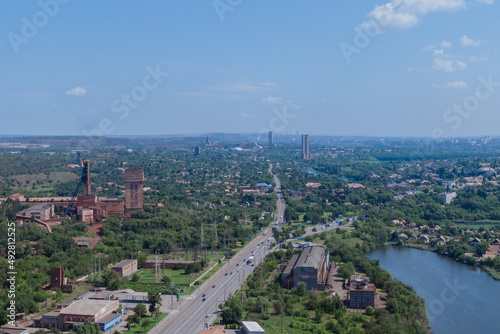 Nature from above. Panoramic view of the industrial city of Krivoy Rog in Ukraine. Beautiful landscape.