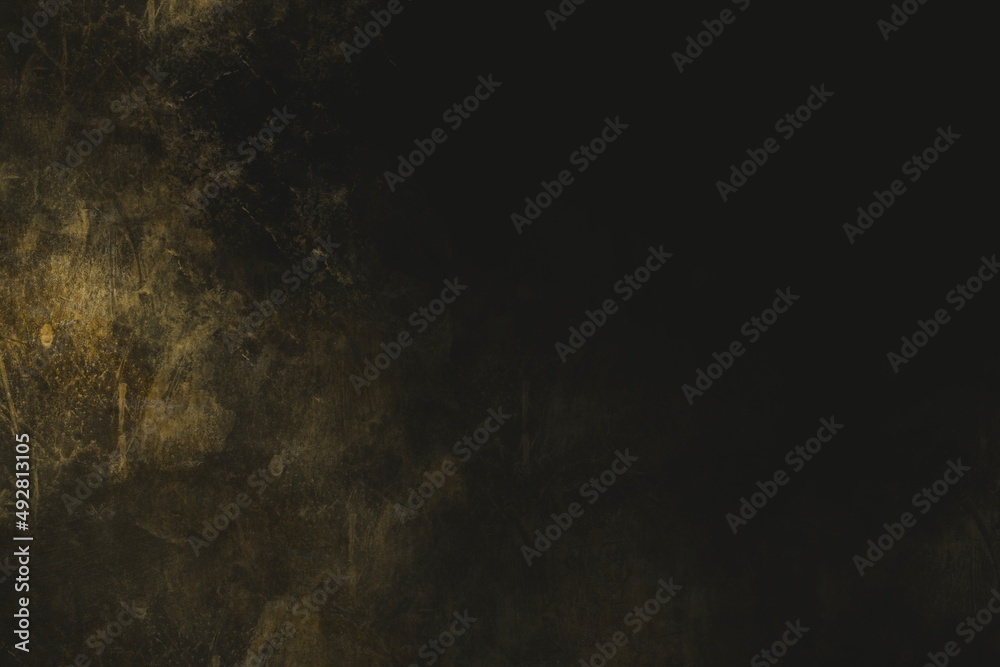 黒背景にキズのある金色のメタリックなテクスチャ　グランジ　ビンテージ　テンプレート　ダーク